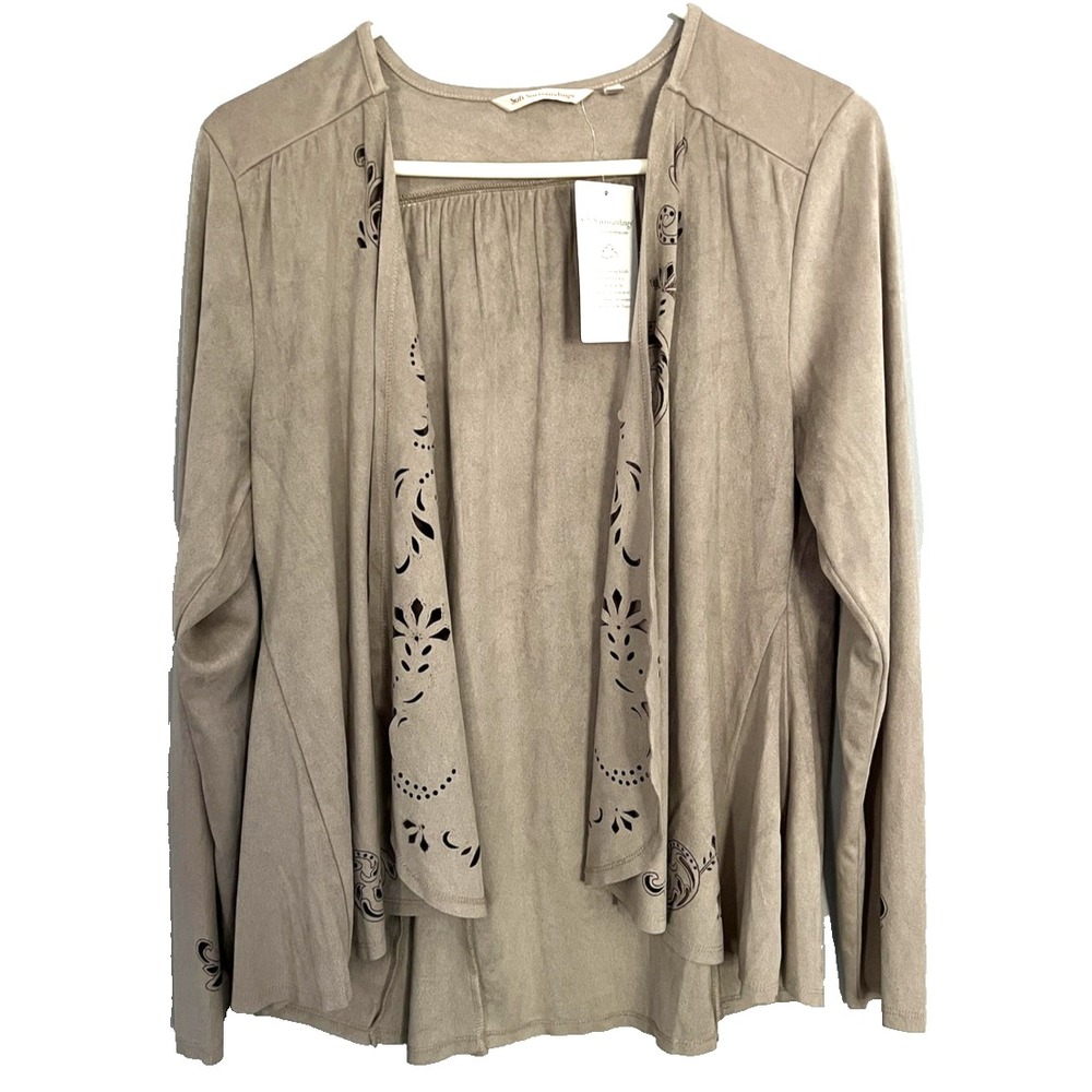 Soft‎ Surroundings Jacket Women M Faux Suede Open Front Laser Cut Stretch NWT